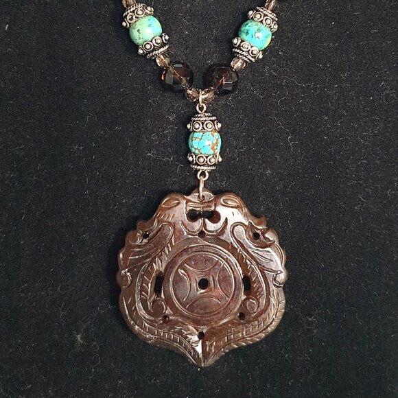 Impressive Vintage 925 Silver Natural Brown Jade Double Phoenix Amulet Necklace - Picture 7 of 12